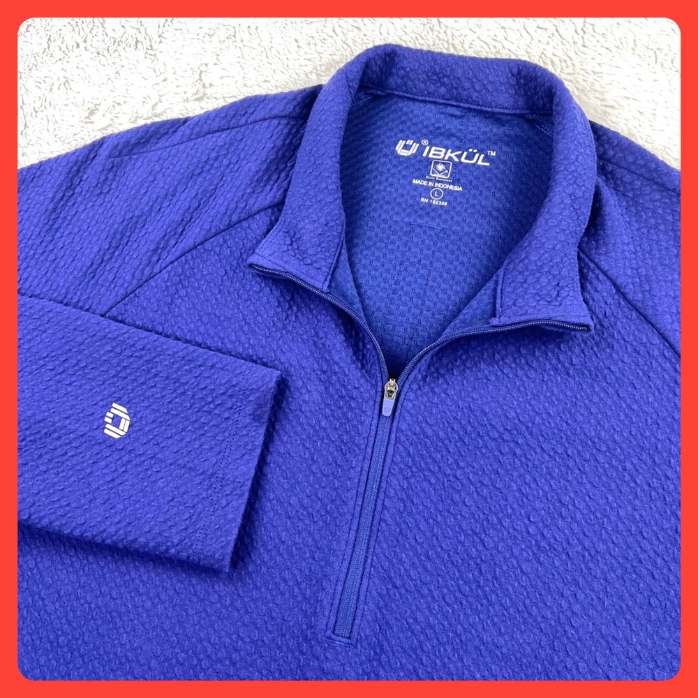 IBKUL 1/4 Zip Pullover LARGE Blue Cotton Blend Textured Seersucker Mock Neck‎